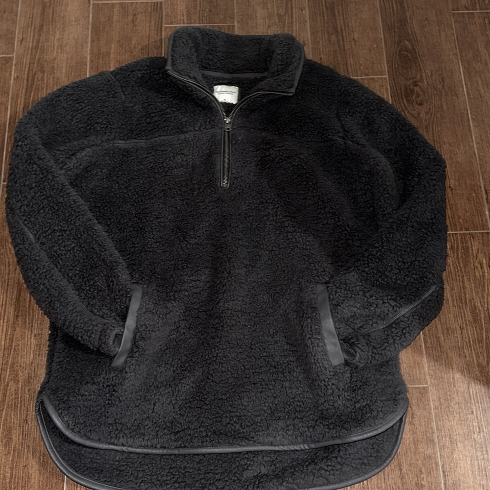 Abercrombie Women’s Sherpa half zip faux leather trim dark grey sz XL